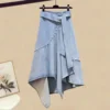 Summer Blue Patchwork Chiffon Shirt Tops Irregular Lace Up Denim Short Skirt Two-piece Elegant Women's Skirt Set Casual Outfits - Image 4