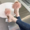 Summer Fluffy Peep Toe Sexy High Heels Women Shoes Fur Feather Lady Fashion Wedding Slip-On Pink Square Sandals Tacones Mujer - Image 3
