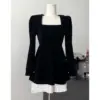 Women Black Gothic Evening Dress Vintage 90s Korean Long Sleeve Party Club Mini Dress Harajuku Y2k One Piece Frocks 2023 Clothes