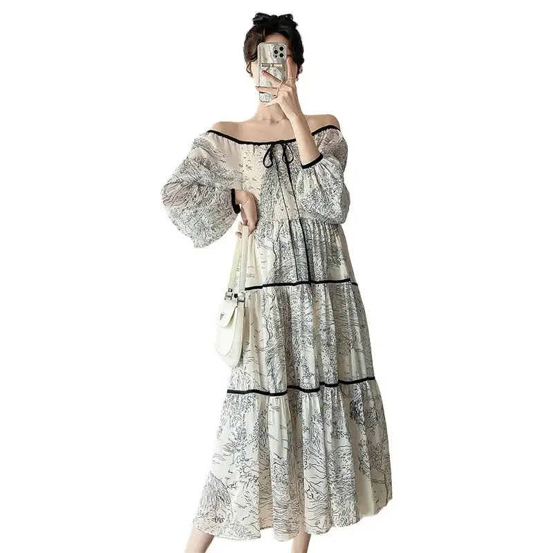 2023 Spring Autumn Maternity A-line Dress Plus Size Shoulderless Pregnant Woman Chiffon Dress Vintage Printing Pregnancy Dresses