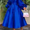 CM.YAYA Women Lantern Long Sleeve Button Front with Sashes Big Swing Satin Retro Dress 2024 Street Even Party Dresses Vestidos