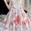KOSAHIKI Japanese Robe Sweety Girly JSK Lolita Dress Strawberry Rabbit Print Cute Bow Kawaii Ruffles Sleeveless Camisole Dresses