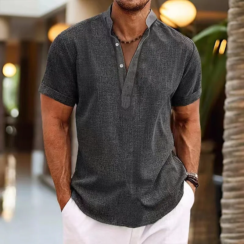 Summer new men's tie-dye American vintage short sleeve standing collar youth fashion Henry shirt breathable comfortable top