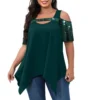 Plus Size T-Shirts Women Summer Hollow Out Cold Shoulder Short Sleeve Irregular Hem Solid Color Loose Women Top Streetwear - Image 2