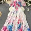 2024 Summer Gorgeous Flower Chiffon Holiday Dress Women's Sexy Off The Shoulder Flower Print Elastic Waist Pleated Maxi Robe