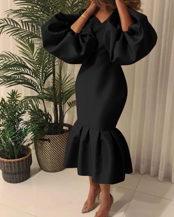Party Dresses for Women 2024 Spring Summer Fishtail Skirt Fashion Sexy Solid Color V-Neck Bubble Long Sleeved High Waist Dress