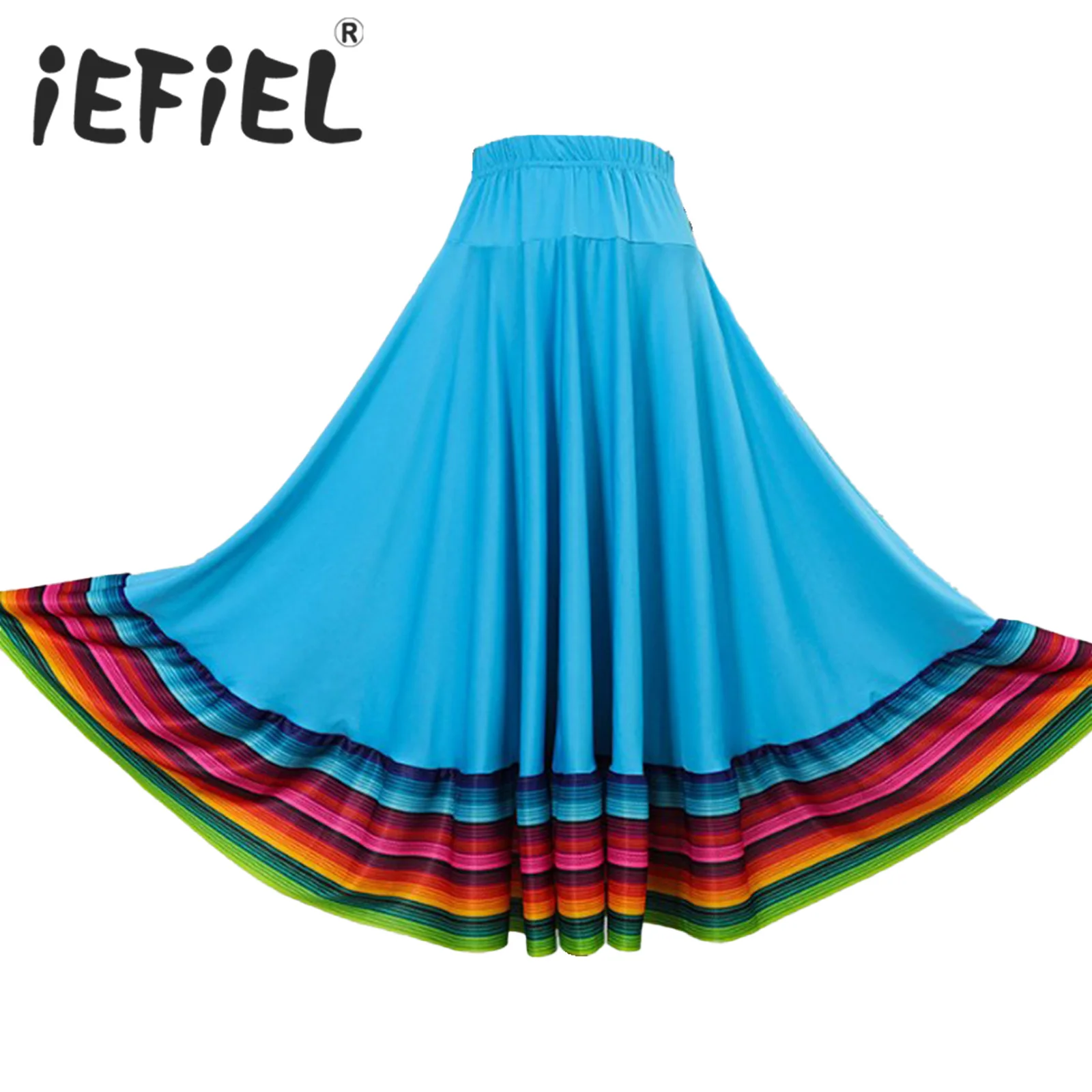 Womens A-line Skirt Flamenco Ballroom Dance Folk Dancing Stage Performance Costume Colorful Stripe Hem Elastic Waistband Skirt