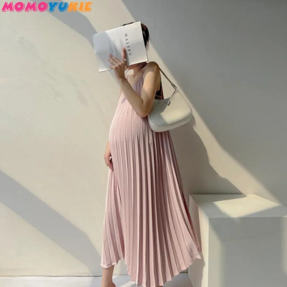 Maternity Wear Summer New sleveless Sress Slim Pleated Skirt Korean Version Large Size Temperament Suspender Long Dress Women
