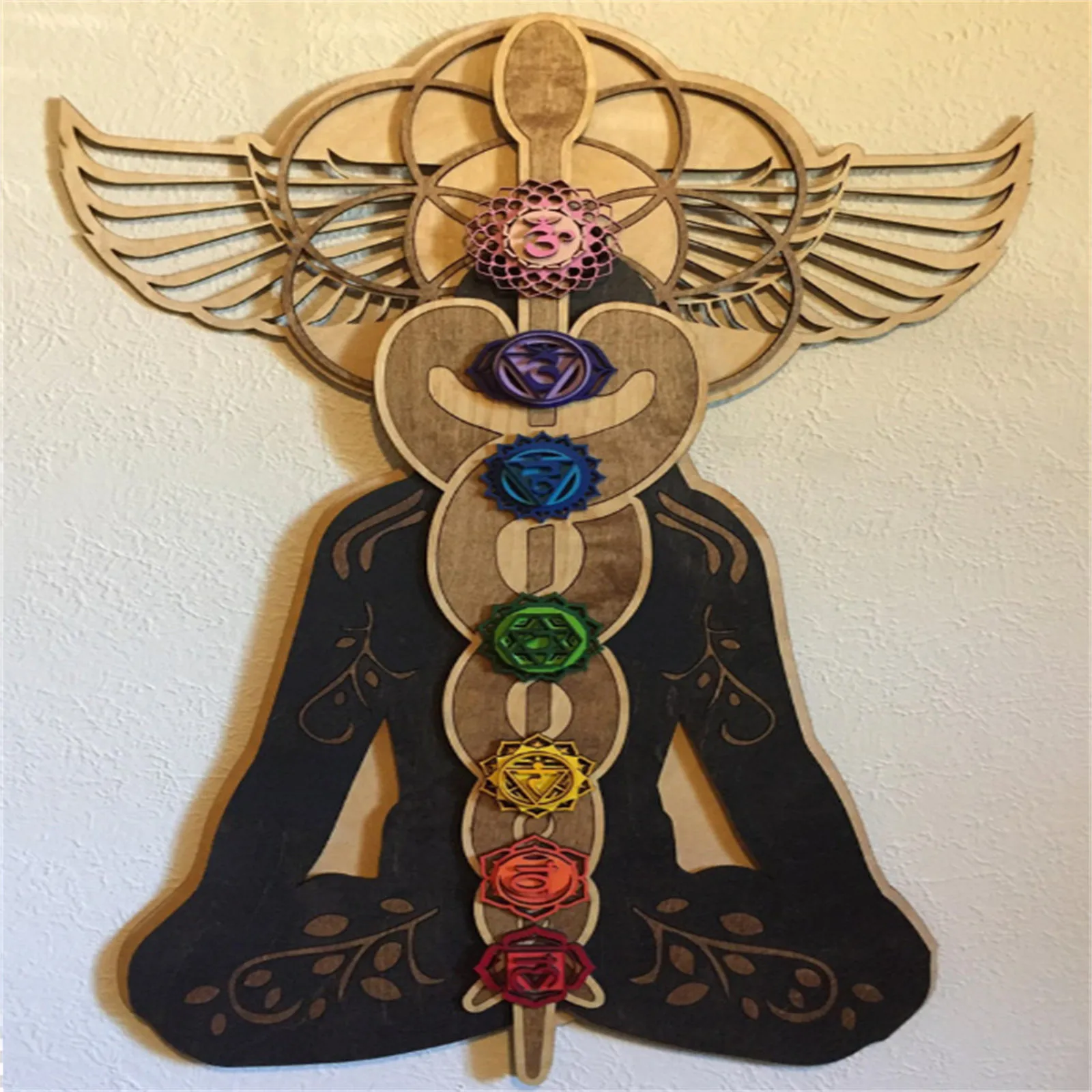Kundalini Chakra Imitation Wood Wall Art Meditation Crafts Healing Decoration Pendants Hanging Ornaments Gift Home Decor