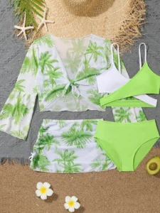 4 Pieces Bikini Top & Skirt 2023 Girls Swimsuit Kids High Waist Swimwear Children Bathers Bathing Swimming Swim Suit Beachwear - Image 4