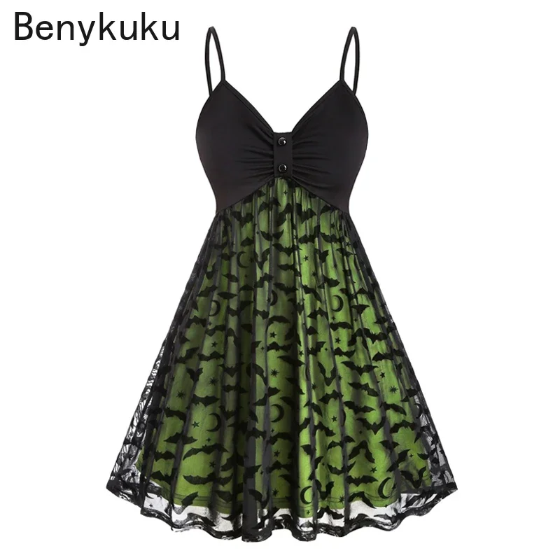 Bat Mesh Insert Neon Plus Size Women Gothic Dress Vestidos Femme Spaghetti Strap A-Line Sexy V Neck Halloween Party Sling Dress
