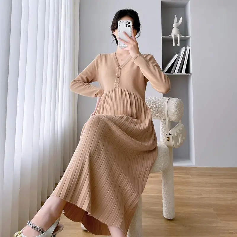 Autumn Korean Knit Long Sleeve High Waist Patchwork Pleated Maternity Dress Fashion V-Neck Clothes for Pregnant Women Pregnancy