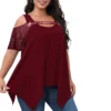 Plus Size T-Shirts Women Summer Hollow Out Cold Shoulder Short Sleeve Irregular Hem Solid Color Loose Women Top Streetwear - Image 5