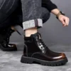 Fashion Shiny Genuine Leather Men's Boots Winter Platform Ankle Boots Men High-top Motorcycle Boots Fashion Flat Designer Shoes - Image 5