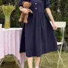 Korean Fashion Soft Girly Elegan Dresses Women Japanese Style Cartoon Embroidery Peter Pan Collar Short Sleeve Mid Dress Clothes