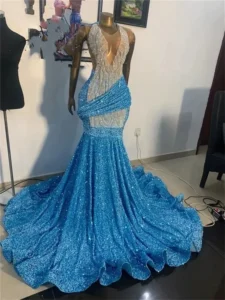 Blue V Neck Long Mermaid Prom Dresses For Black Girls 2024 Beaded Crystal Birthday Party Gown Sparkly Sequined Evening Dresses - Image 2