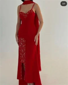 AsaNagi Saudi Arabia Red Evening Dresses Beading Spaghetti Strap Slit Women Elegant Party Dress 2023 Robes De Soirée - Image 3