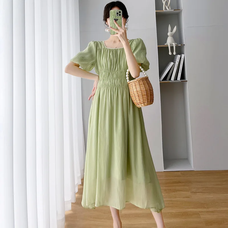 Maternity Dresses Pregnancy Summer Clothes For Pregnant Women Casual Square Collar Folds Slim Puff Sleeve Backless Bow Vestidos