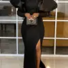 Elegant Women Long Black Dresses Formal Party Evening Mock Neck Fluffy Sleeve High Slit Lace Robes Big Size Spring Summer 2024
