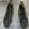 New Style Genuine Leather Men's Ankle Boots Gold Rivet Round Toe Male Black Shoes Lace Up Fashion Men's Casual Short Boots - Image 3