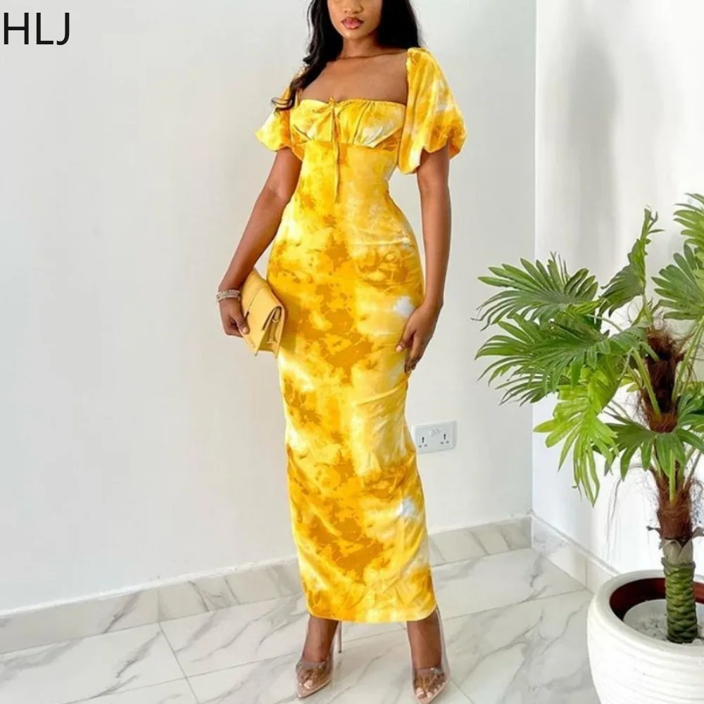 HLJ Yellow Fashion Printing Puff Sleeve Bodycon Mid Dresses Women Square Neck Slim Slit Holidays Clothing Spring New Vestidos