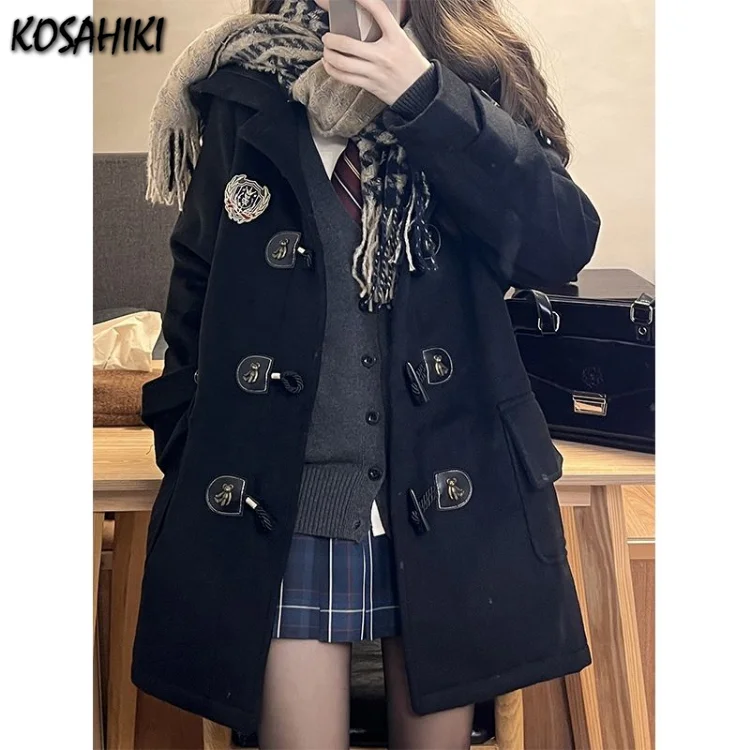 KOSAHIKI JK Girl Students Korean Fashion Jackets Women Horn Buckle Wool Blends Coats 2024 Autumn New Hoody Mid Long Jacket Y2k