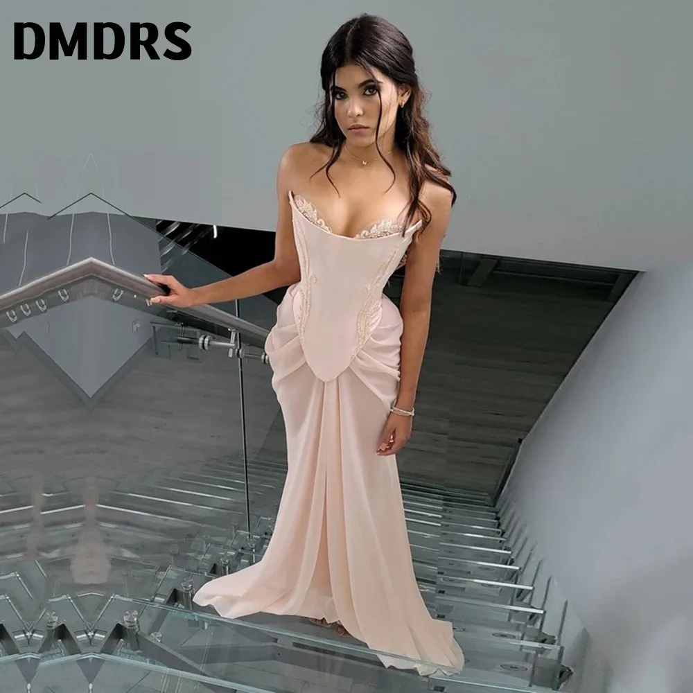 Handmade Draped Blush Pink Evening Dress Nude Chiffon Sheer Mesh Corset High Slit Crystal Lace Wedding Gown Dress Formal Gown