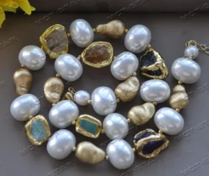 Z12456 22'' White Egg Shell Pearl Baroque Citrine Amethyst Aquamarine Necklace - Image 2