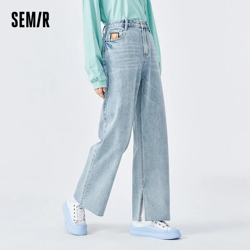 Semir Jeans Women High Waist Cotton Wide Leg Pants Style Personality Spring High Street Split Old Pants Fashion