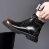 Fashion Shiny Genuine Leather Men's Boots Winter Platform Ankle Boots Men High-top Motorcycle Boots Fashion Flat Designer Shoes - Image 4