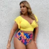 Plus Size Swimsuit for Women 2022 Fashion V Neck Ruffles Short Sleeve Floral Print High Waist Bathing Suit Big Size Swimwear - Image 2