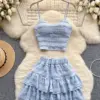 SINGREINY Sweet Ruched Two Pieces Sets V Neck Strap Crop Tops Short Pleated Skirt Women Korean Style Chic Summer Beachwear Suits