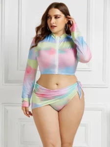 Three Pieces Women's Swimwear 2022 Fashion Zipper Stand Collar Long Sleeve Tie Dye Print Swimsuits Plus Size Brazilian Bikini - Image 3
