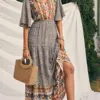 Women Boho Retro Print Long Dress Short Sleeve V-Neck High Waist Dresses Summer Beach Holiday Sundress Ethnic Style Vestido