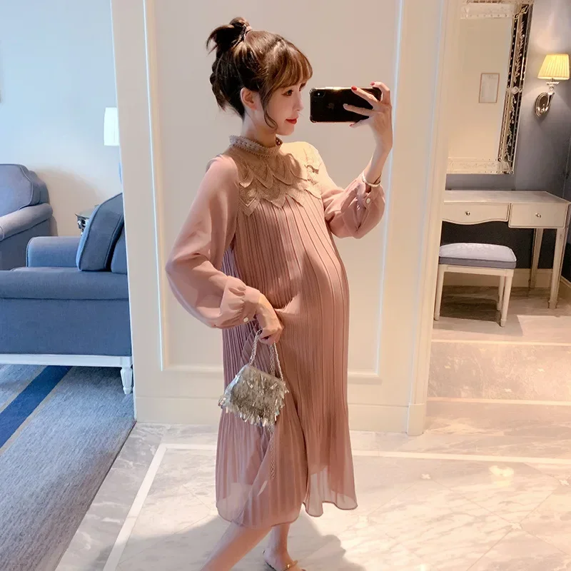 9310# Autumn Korean Fashion Pleated Chiffon Maternity Long Dress Loose Straight Clothes for Pregnant Women Pregnancy Clothing