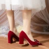 2024 Women's Spring and Autumn New Red Rhinestone Bow Large Wedding Shoes Pointed Comfortable Shallow Mouth High Heels - Image 2