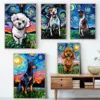Dog Starry Night Van Gogh Poster Canvas Art Happy Pitbull Print Puppy Funny Wall Art Shiba Inu Hanging Pictures Home Decor