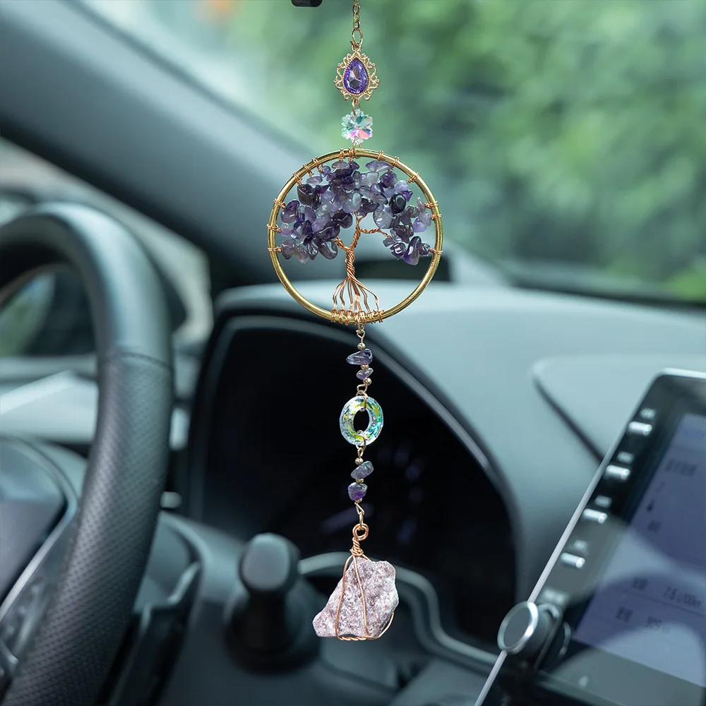 Natural Amethyst Tree of Life Car Hanging Ore Rock Strawberry Quartz Pendulum Amulet Reiki Healing Crystals Home Decoration Gift