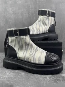 British Style Mens Cargo Boots Fashion Gothic Spliced Canvas High Top Shoes Zipper Autumn Winter Casual Motorcycle Short Boots - Image 6