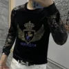 High Quality Rhinestone Animal Eagle Long Sleeved T-shirt Luxury Gold Velvet Fashion Men Personality Flower Sleeves Hot Diamond - Image 5