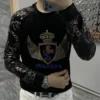 High Quality Rhinestone Animal Eagle Long Sleeved T-shirt Luxury Gold Velvet Fashion Men Personality Flower Sleeves Hot Diamond - Image 4