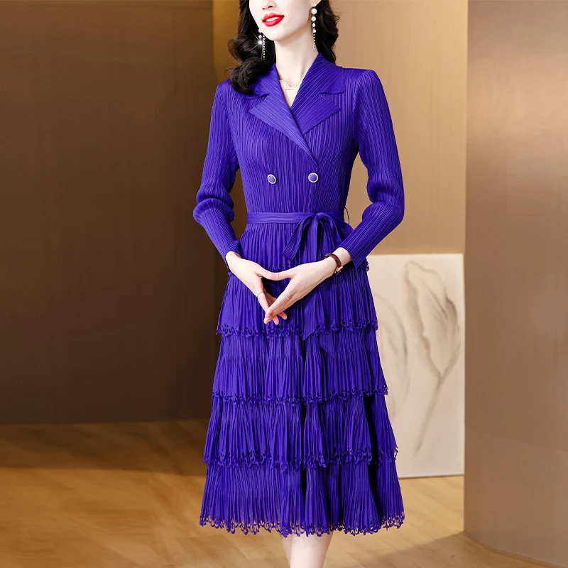 AIMEILIPleated Fashion High Sense Gradient Color French Dress Female Women's Spring Clothing Elegant Cinched Waist Pleated Dress
