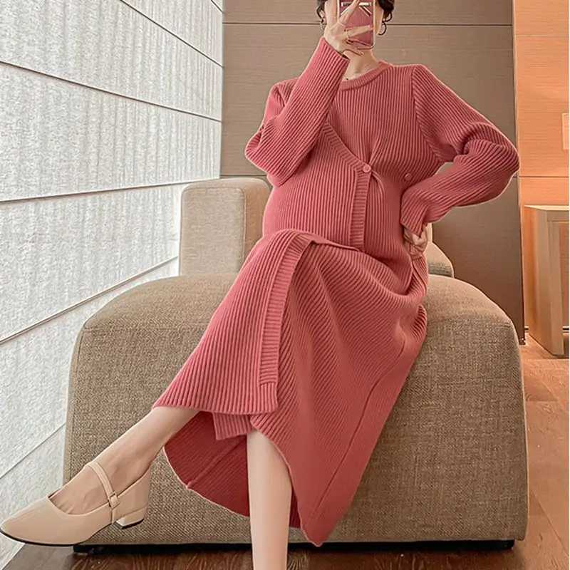 Maternity Knit Dresses Autumn Winter Clothes For Pregnant Women Fashion Boat Neck Breastfeeding Pregnancy Long Sweater Dress