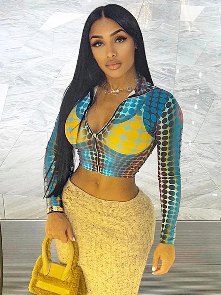 Weird Puss Y2K Dot Print Zipper Crop Tops Women Long Sleeve Skinny Elastic Wild Streetwear Casual 2023 Stylish Spring Sexy Tees
