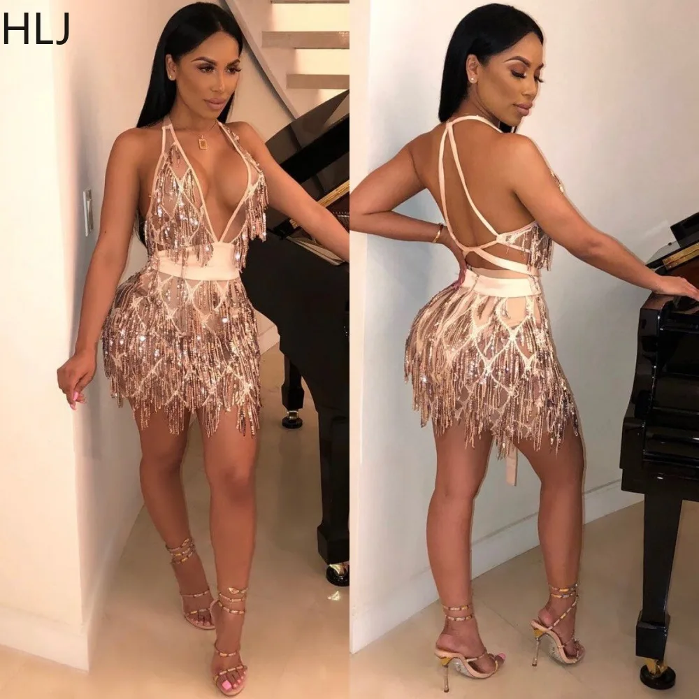 HLJ Sexy Mesh Perspective Sequin Halter Bandage Nightclub Dresses Women Deep V Backless Mini Dress Female Tassels Rave Vestidos