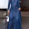 Dress for Women Autumn Korean Fashion Vintage Denim Dress A-line Long Sleeve Button Zipper Pocket Maxi Dress Lady Clothing