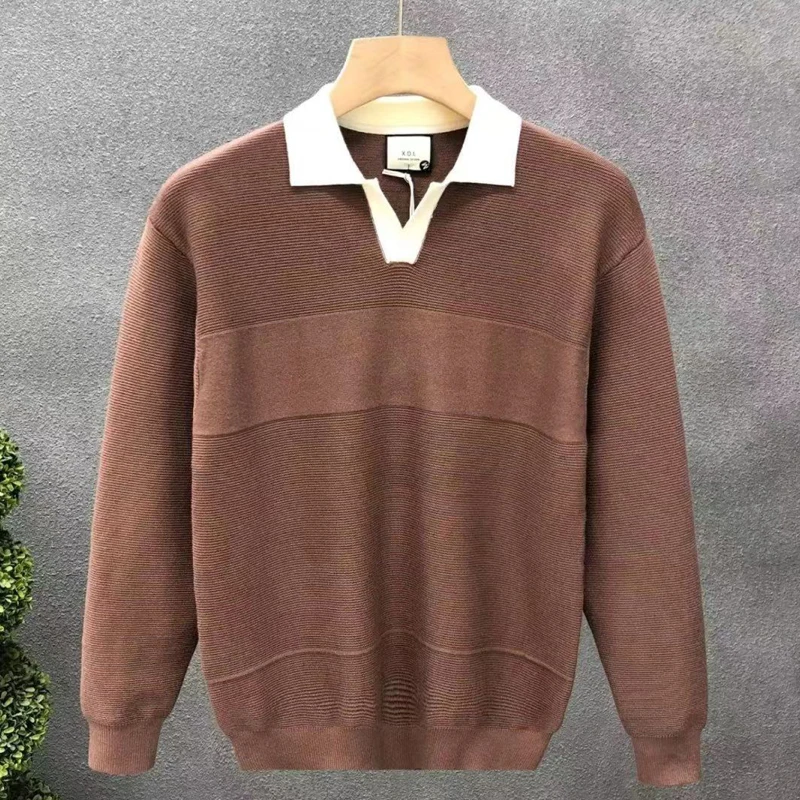 Spring Autumn Knitting Polo Shirt Men Turn-down Collar Solid Stripe Slim Fits Tops Ice Silk High Quality Pullover Tee Shirts