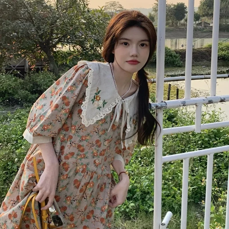 Plus Size 5XL 150KG Summer Floral Dress Big Collar Sweet Women Dress Short Sleeve Vintage Large Loose Vestidos