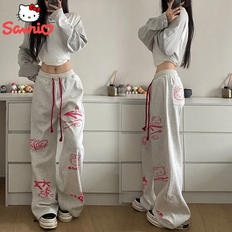 Sanrio Hello Kitty Pants High Waist Pants for Women Streetwear Casual Loose Punk Rock Y2k Straight Wide Leg Trouser Streetwear