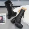 luxury 2024 New Winter Motorcycle Boots Buckle Women British Style Mid-calf Women's Short Boot Gothic Square Heel Women Shoes